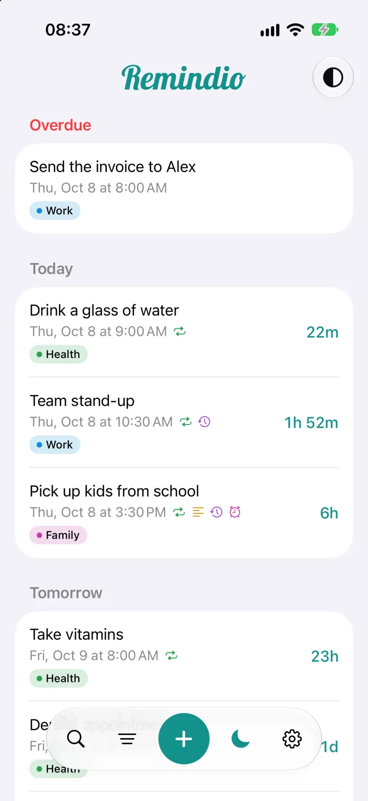 iPhone: reminders grouped by Overdue, Today and Tomorrow
